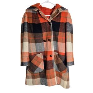 Vintage 50s 60s Betty Rose Plaid Wool Hooded Car Coat Orange Brown